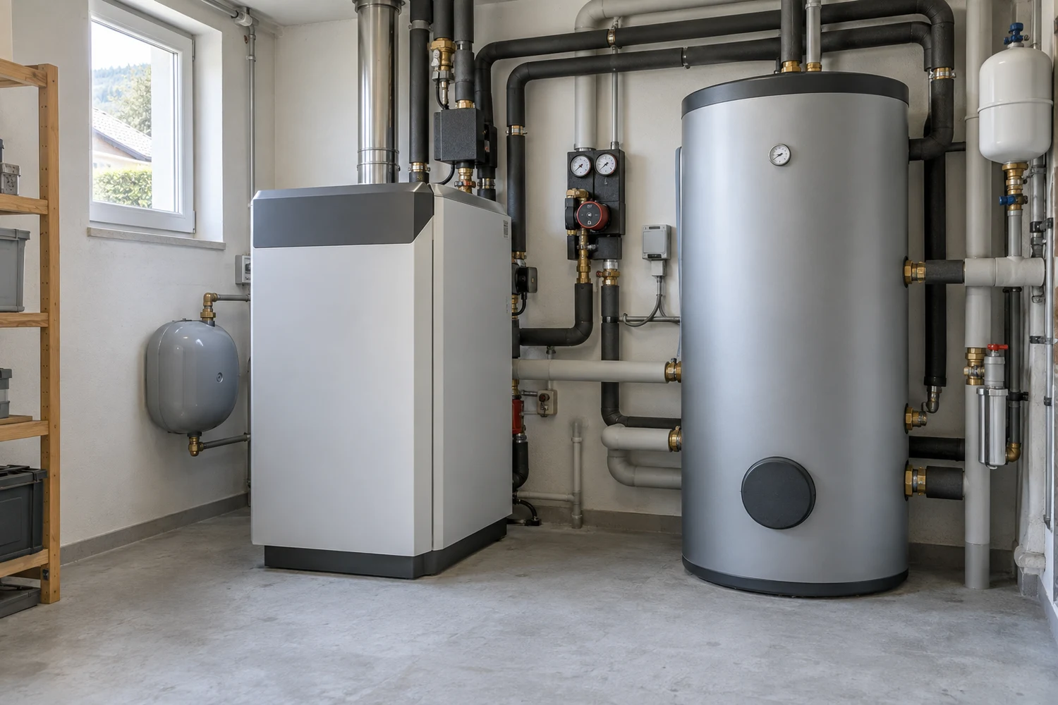 Modern installierte Heizungsanlage mit Warmwasserspeicher, KI-generiertes Konzeptbild