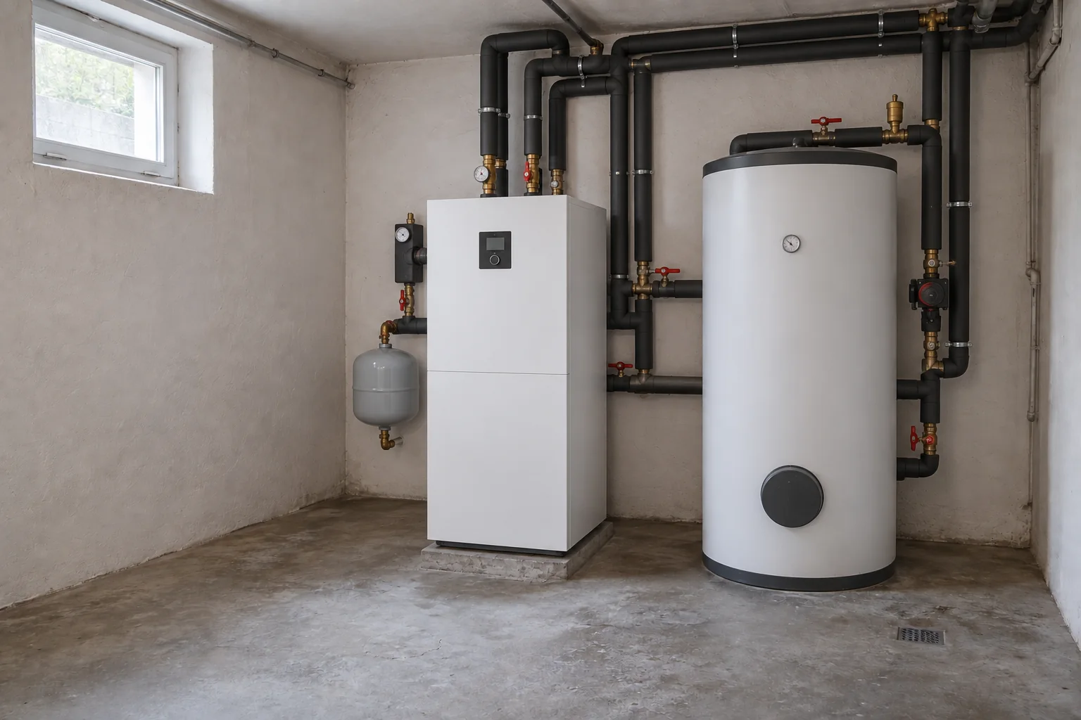 Fiktiver Heizungsraum nach der Modernisierung mit Wärmepumpen- und Speichertechnik